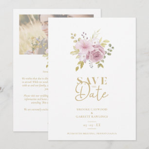 Pink Minimalist Botanical Flowers Bouquet Wedding Save The Date