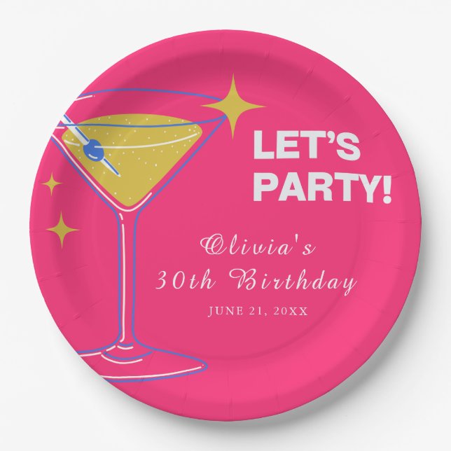 Pink Minimalist Cocktail 30th Birthday Paper Plate (Front)