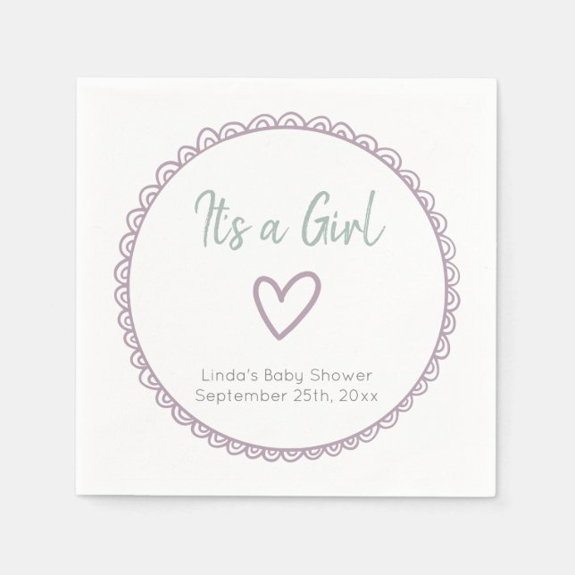 Pink Minimalist Doodle It's a Girl Baby Shower Napkin (Front)
