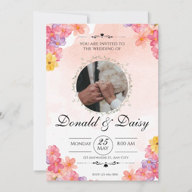 Pink Minimalist Floral Wedding Invitation Card (Front)