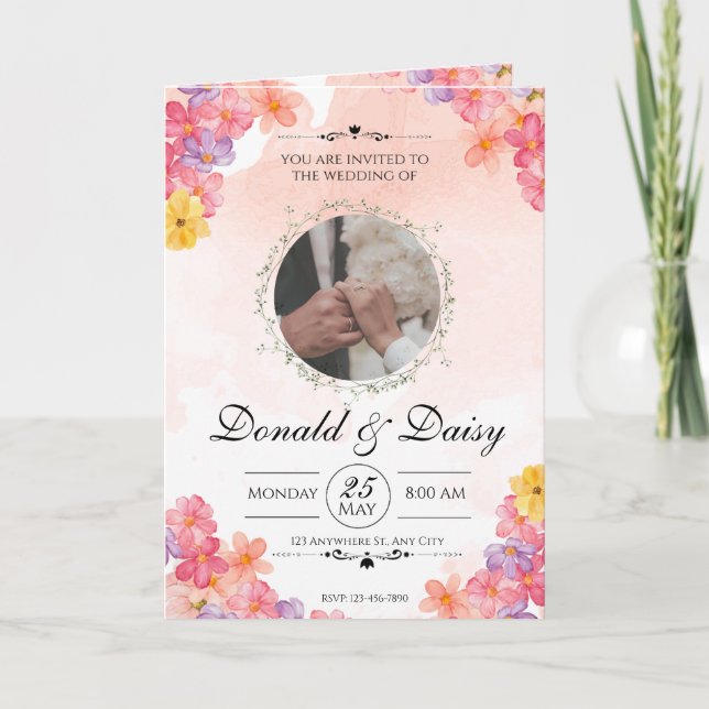 Pink Minimalist Floral Wedding Invitation Card (Front)
