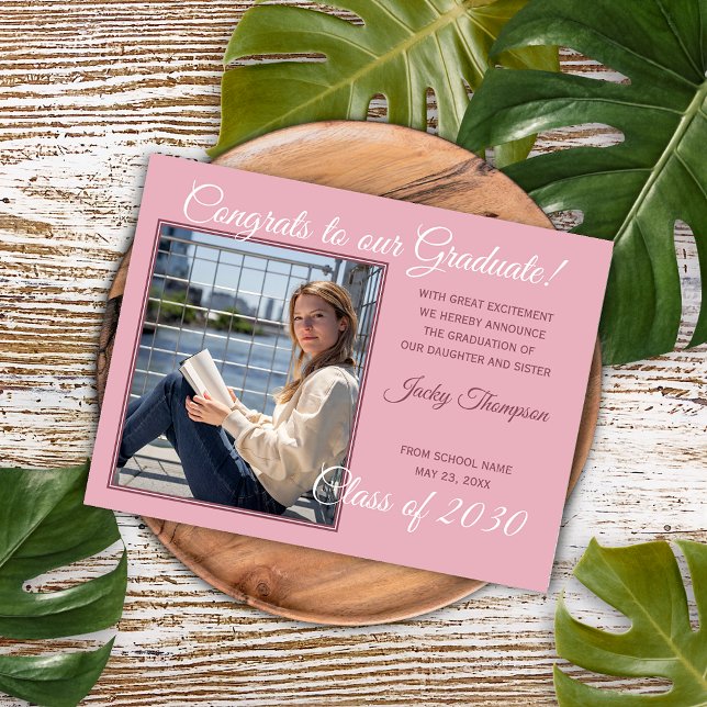 Pink Minimalist Graduation Announcement Postcard (Creator Uploaded)