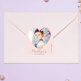 Pink Minimalist Photo First Birthday Party Square Sticker
