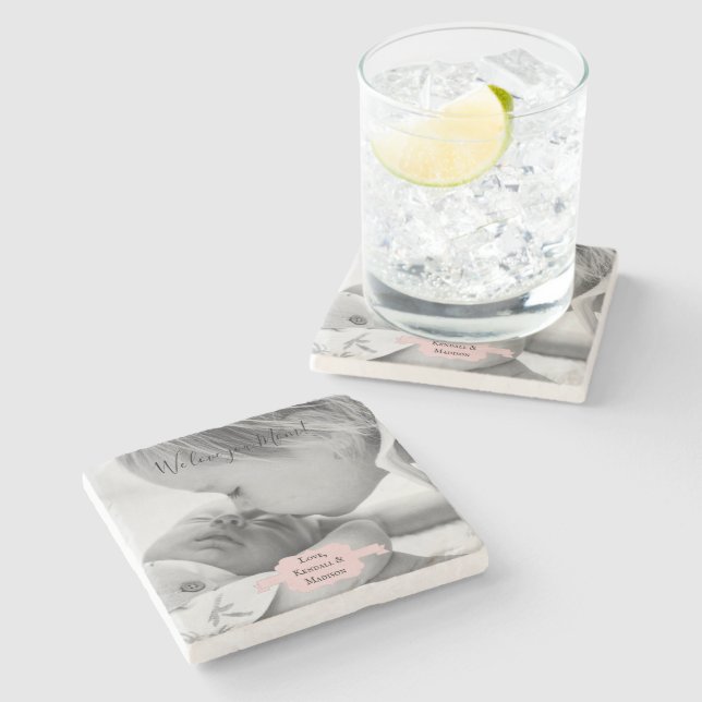 Pink Minimalist Photo Mother's Day Stone Coaster (Side)