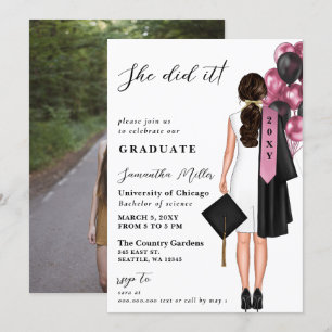 Pink Minimalist Photo She Did It Graduation Invitation
