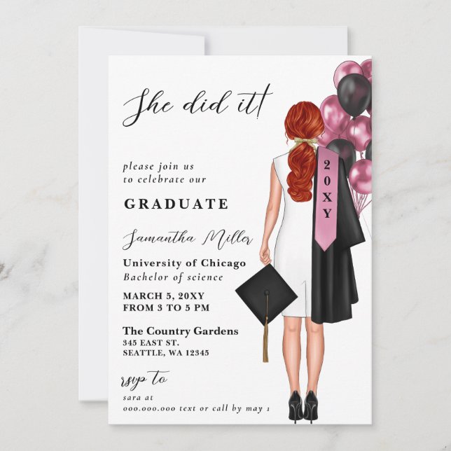 Pink Minimalist Photo She Did It Graduation Invitation (Front)