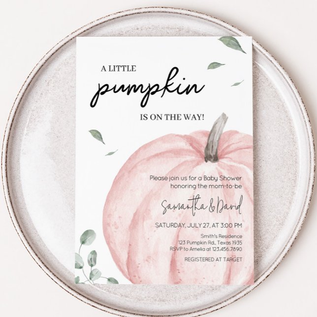 Pink Minimalist Pumpkin Baby Shower Invitation (Watercolor Pumpkin Baby Shower Invitation)
