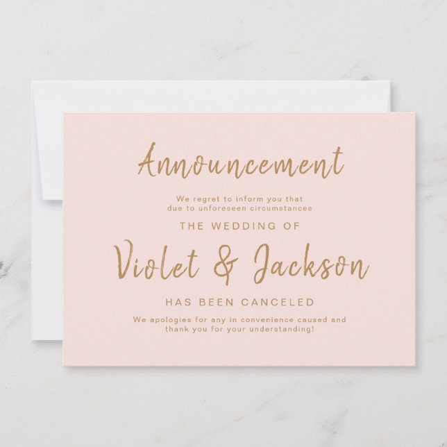 Pink minimalist script wedding cancellation cards (Front)