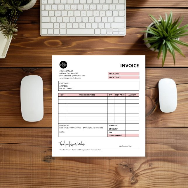 Pink Minimalist Small Business Invoice Template Notepad (Pink Minimalist Small Business Invoice Template Notepad desk top  mock up)