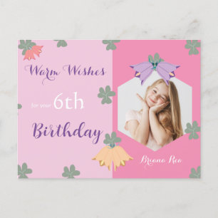 Pink Minimalistic Floral Photo Birthday Postcard