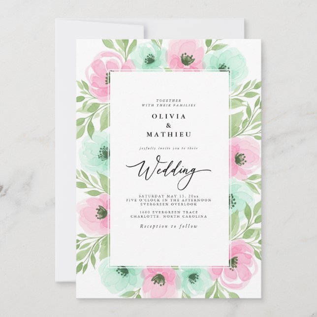 Pink Mint Airy Watercolor Spring Wedding Invitation (Front)