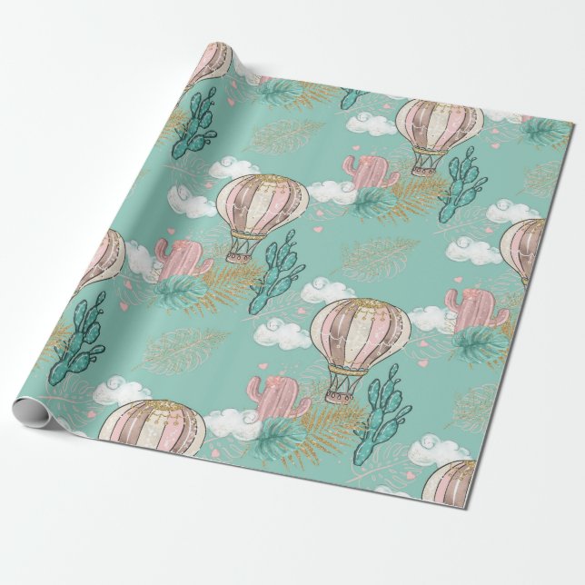 Pink, Mint and Faux Glitter Gold Tropical Desert Wrapping Paper (Unrolled)