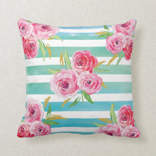 Pink, Mint and Gold floral Pillow. Throw Pillow