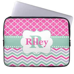 Pink Mint Chevron Monogram Laptop Sleeve
