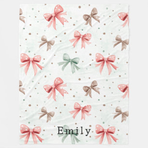 Pink Mint Cream Dots & Bows Christmas Fleece Blanket