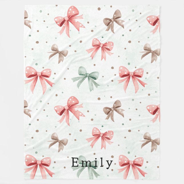 Pink Mint Cream Dots & Bows Christmas   Fleece Blanket (Front)