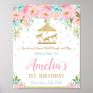 Pink Mint Floral Carousel 1st Birthday Welcome Poster