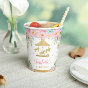 Pink Mint Floral Carousel Birthday Baby Shower Paper Cups