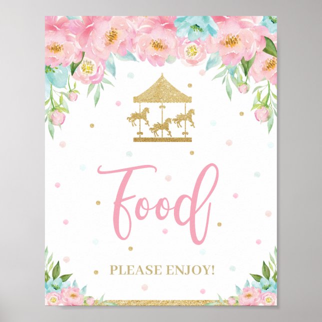 Pink Mint Floral Carousel Birthday Shower Food  Poster (Front)