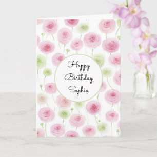 Pink Mint Floral Ranunculus Birthday Card