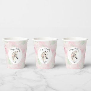 Pink Mint Floral White Horse Birthday Paper Cups