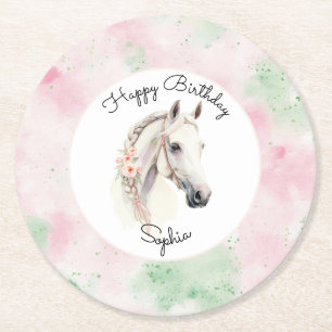 Pink Mint Floral White Horse Birthday Round Paper Coaster