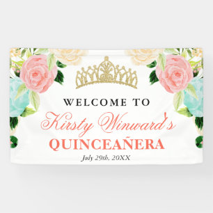 Pink & Mint Flowers Welcome Quinceanera Banner
