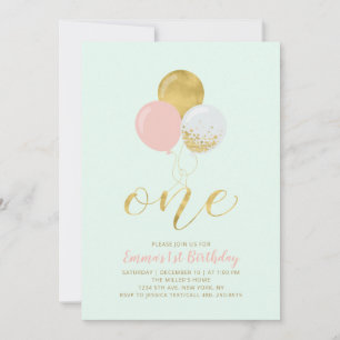 Pink, Mint & Gold Balloons 1st Girl Birthday Party Invitation