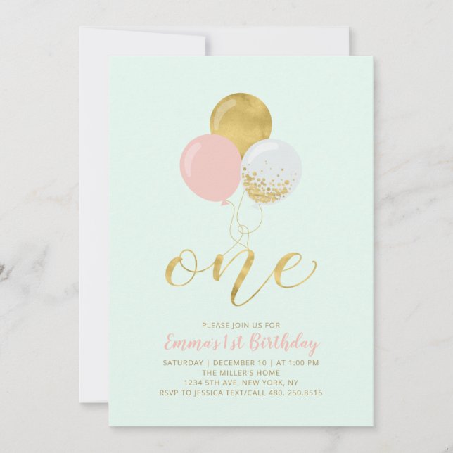 Pink, Mint & Gold Balloons 1st Girl Birthday Party Invitation (Front)