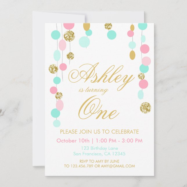 Pink Mint Gold Glitter Birthday invitation (Front)