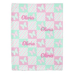 Pink Mint Green Butterfly Polka Dot Quilt Girl Duvet Cover