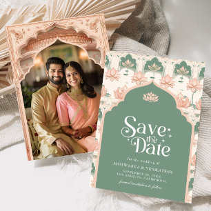 Pink Mint Green Lotus Indian Wedding Photo Save The Date