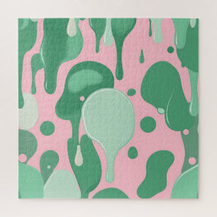 Pink Mint Green Melting Drip Pattern Abstract Jigsaw Puzzle