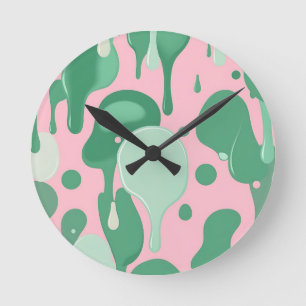 Pink Mint Green Melting Drip Pattern Abstract  Round Clock