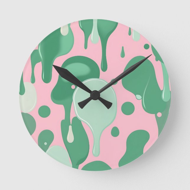 Pink Mint Green Melting Drip Pattern Abstract  Round Clock (Front)