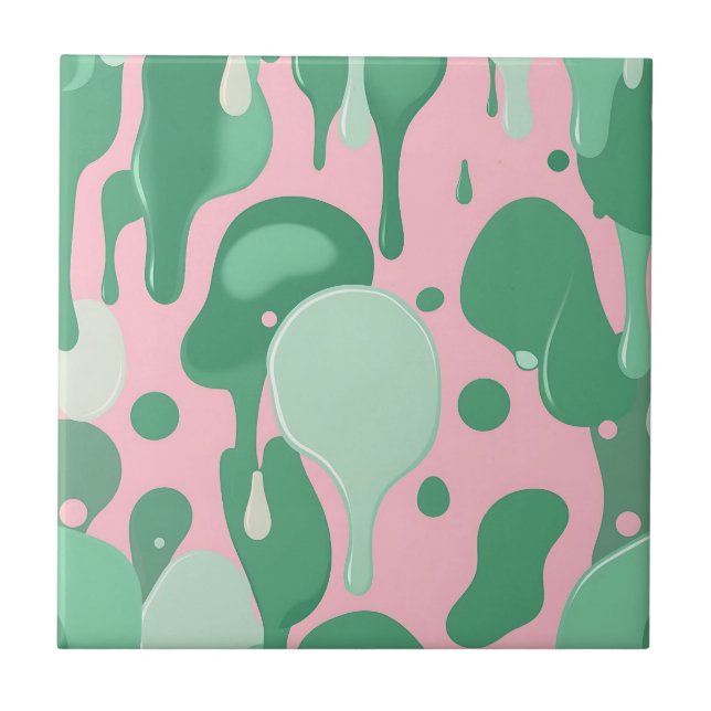 Pink Mint Green Melting Drip Pattern Abstract  Tile (Front)