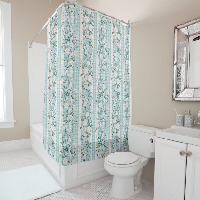 Pink Mint Green Pastel Floral Gingham Stripes (In Situ)