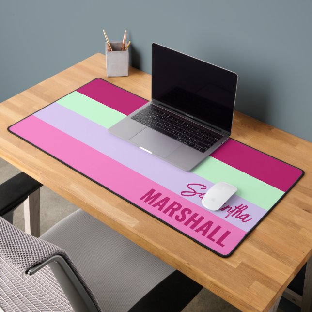 Pink Mint Green Purple Stripes Pattern Name Desk Mat (Office 2)