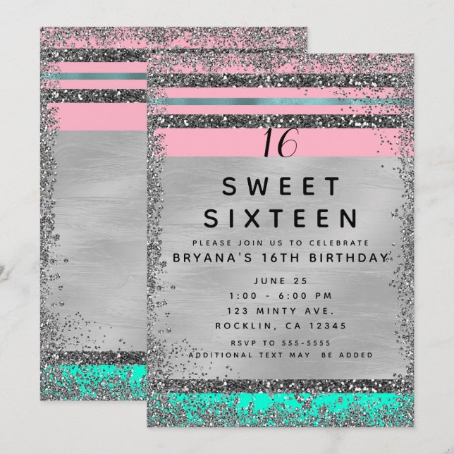 Pink Mint Green Silver Glitter Edge Sweet 16 Party Invitation (Front/Back)
