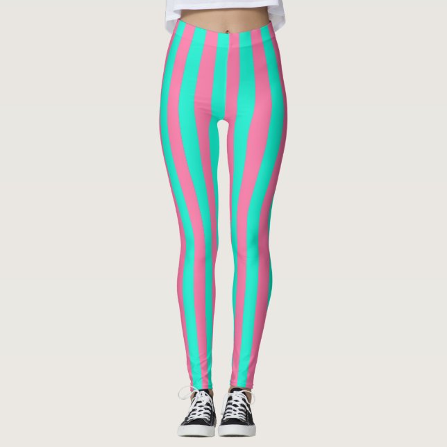 Pink Mint Green Stripes Design  Leggings (Front)