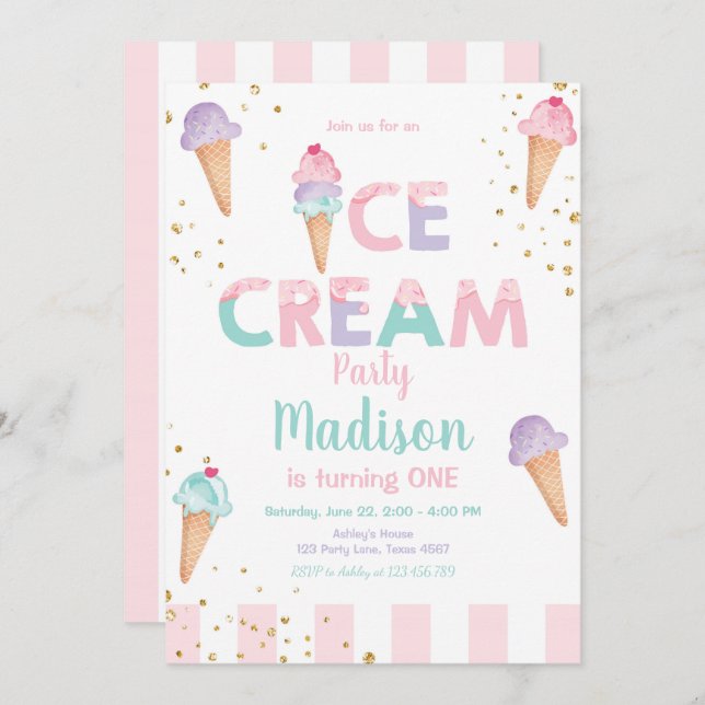 Pink Mint Ice Cream Cone Confetti Birthday Invite (Front/Back)