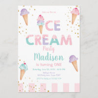 Pink Mint Ice Cream Cone Confetti Birthday Invite