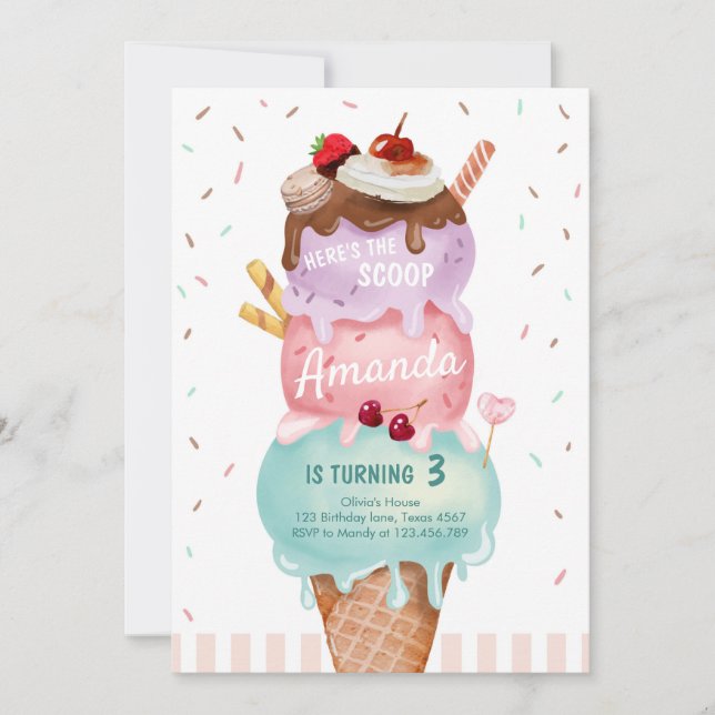 Pink Mint Ice Cream Cone Scoop Birthday Invite (Front)