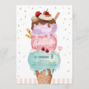 Pink Mint Ice Cream Cone Scoop Birthday Invite