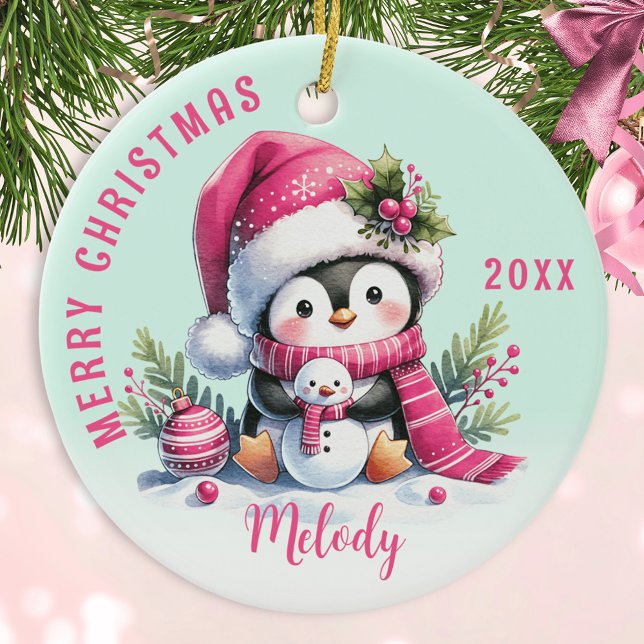 Pink Mint Monogrammed Merry Christmas Cute Penguin Ceramic Ornament (Creator Uploaded)