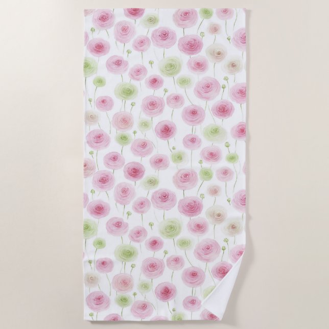 Pink Mint Ranunculus Flowers Beach Towel (Front)