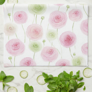 Pink Mint Ranunculus Flowers Kitchen Towel