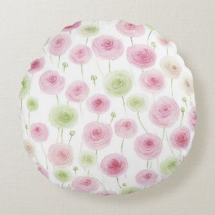 Pink Mint Ranunculus Flowers Round Pillow