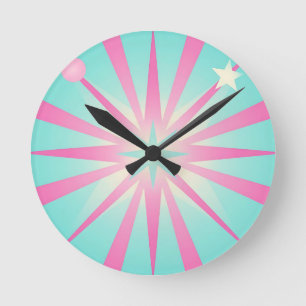 Pink Mint Retro Starburst Glow Round Clock