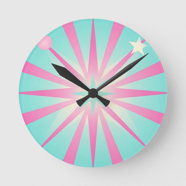 Pink Mint Retro Starburst Glow Round Clock (Front)